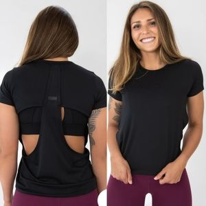 NWT BARBELL women's t-shirt black open back workout Crossfit spandex NWT Small